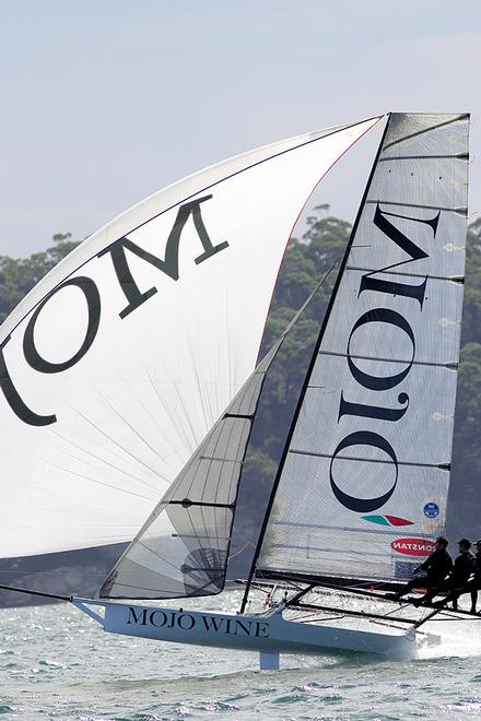 Mojo leads the fleet down the first run - JJ Giltinan 18ft Skiff Championship 2014 © Australian 18 Footers League http://www.18footers.com.au